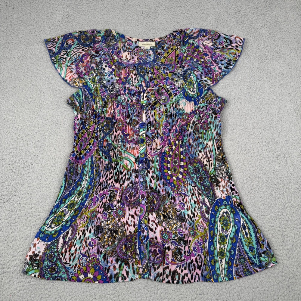 Dressbarn Blouse Womens Medium Purple Paisley Leopard Sequin Embellished Boho